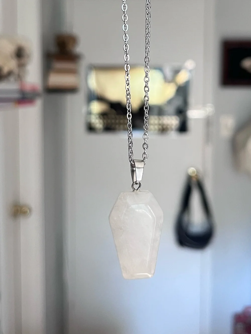 WHITE/CLEAR QUARTZ natural stone coffin pendant necklace with silver chain NEW